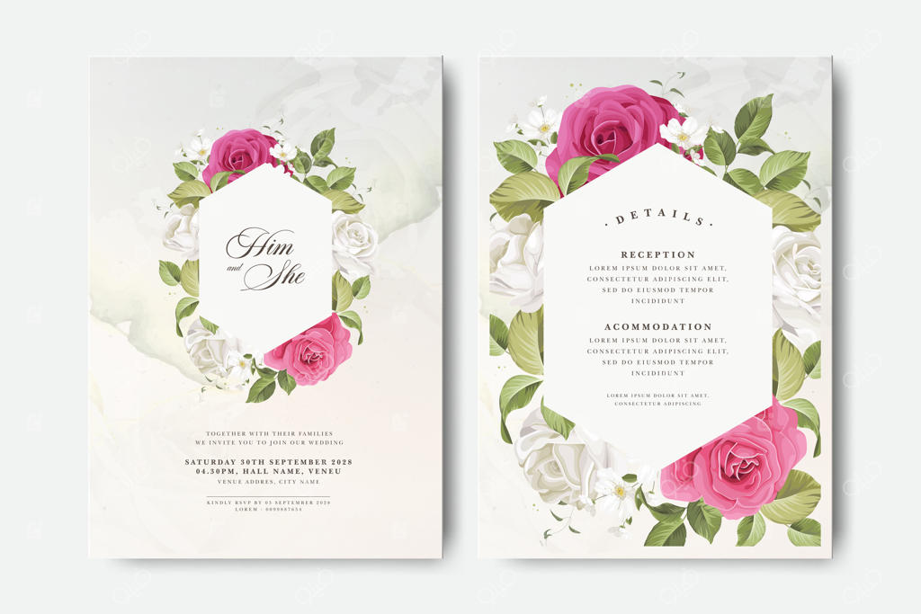 طراحی شیک کارت دعوت عروسی با گل‌های زیبا برای ۲۰۲۳ به صورت وکتور حرفه‌ای