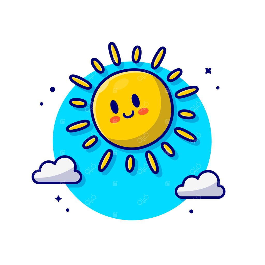 تصویر وکتور کارتونی خورشید و ابرهای بامزه. مفهوم آیکون طبیعت مجزا و ویژه. سبک کارتونی ساده