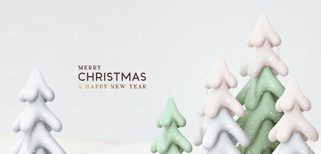 منظره زمستانی با درختان پوشیده از برف و قندیل‌ها. درختان کاج سه‌بعدی واقعی. پس‌زمینه تعطیلات کریسمس. تصویرسازی وکتور.