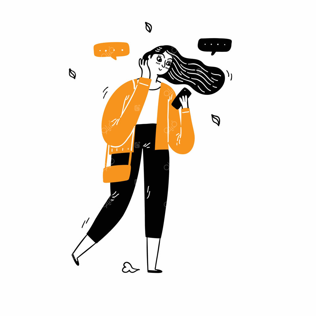 تصویر دختری زیبا و مو بلند که شبکه‌های اجتماعی را مرور یا خرید آنلاین می‌کند، با نگاهی مثبت به اطراف. او از گوشی هوشمند مدرن استفاده می‌کند و پیام‌های خود را می‌خواند. (تصویرسازی دستی)