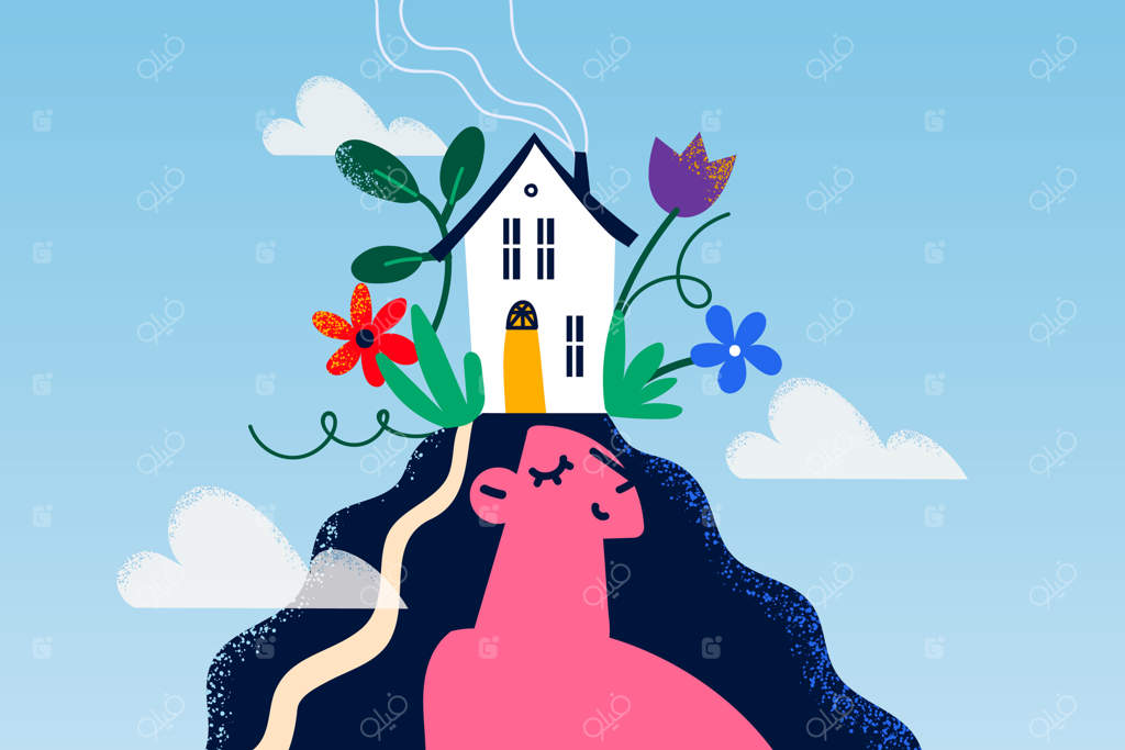 زن جوان خوشحال به خانه بزرگی که آرزویش را دارد فکر می‌کند و برنامه‌ریزی می‌کند. دختری رویاپرداز در حال تفکر خلاقانه و تجسم. مفهوم الهام و تجسم. تصویرسازی وکتور.