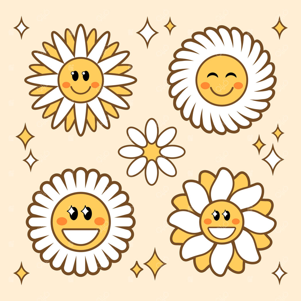 دسته‌ای از گل‌های مارگارت سفید جذاب با صورتک‌های خنده‌دار ایموجی.