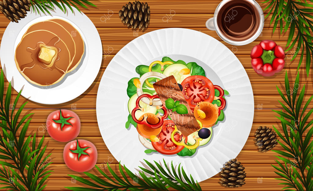 تصویری نزدیک از سالاد و پنکیک بر روی میز با تزئیناتی از سبزیجات