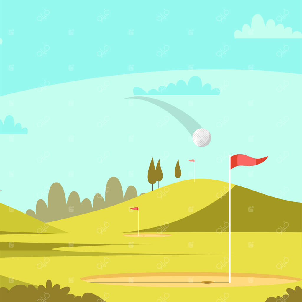 پس‌زمینه زمین بازی گلف: چمنزار وسیع با توپ گلفی که به داخل سوراخ می‌رود؛ پارک سبز با پرچم‌ها، سوراخ‌ها، درختان و چشم‌انداز تپه‌ها