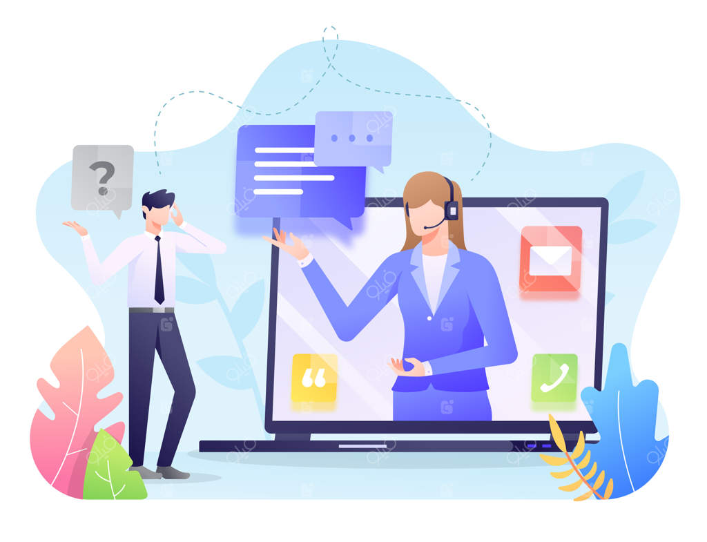 تصویرسازی خدمات مشتری، شخصی در حال پرسیدن درباره یک محصول.
