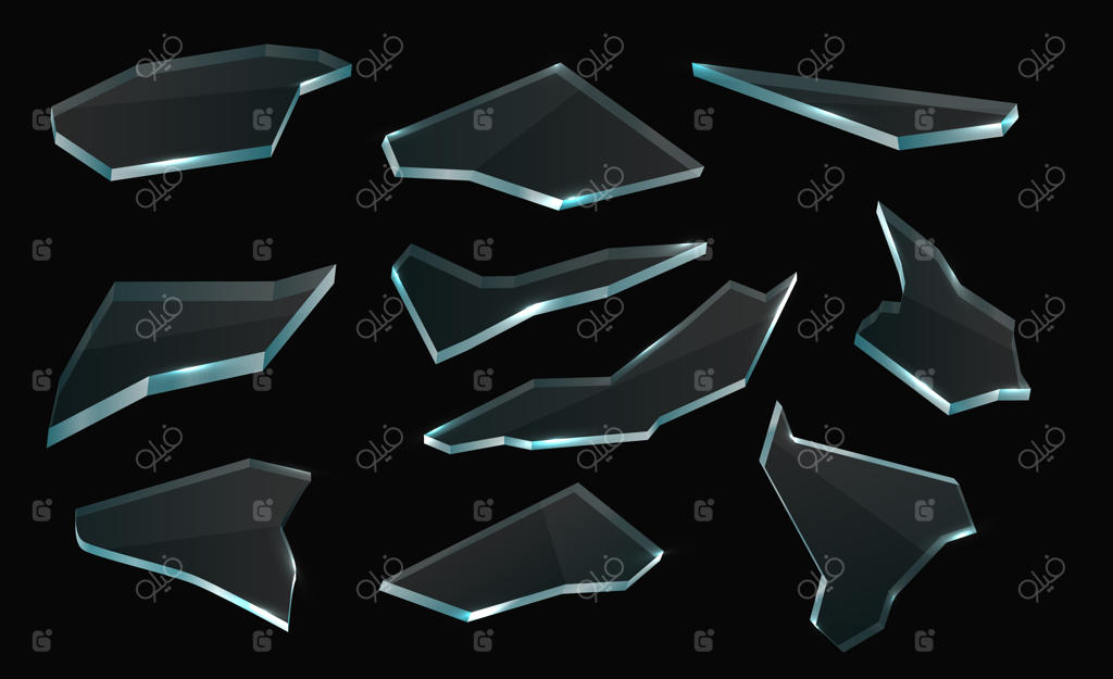 خرده‌شیشه‌های شکسته، مجموعه قطعات وکتور واقع‌گرایانه و تکه‌های شفاف خرد شده