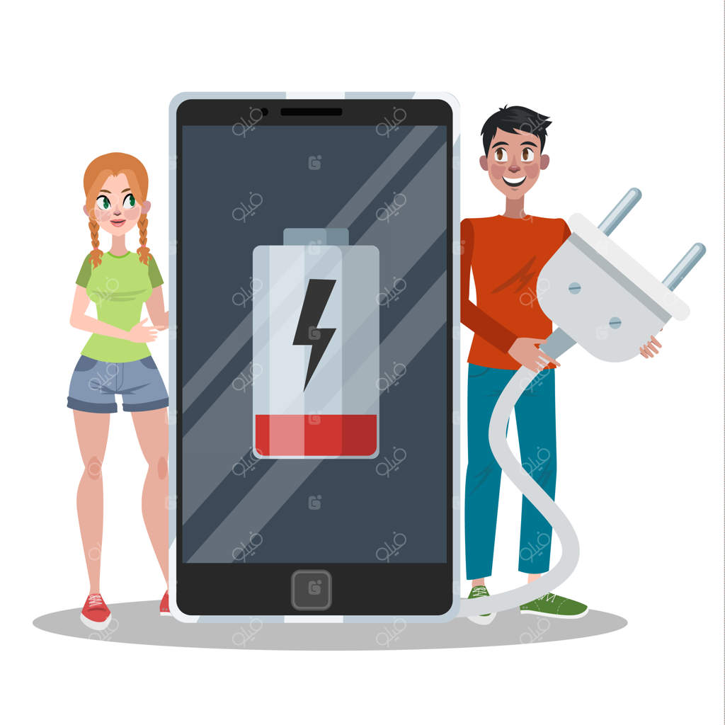 گوشی هوشمند با نشانگر باتری ضعیف. گوشی نیاز به شارژ دارد. علامت روی صفحه نمایش دیجیتال. تصویرسازی