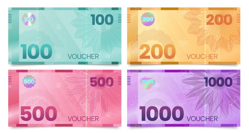 کوپن های اسکناس با طرح گیلوش: گواهی هدیه شیک با موج مشبک امنیتی، چک کوپن با طرح نشان و قاب. مجموعه‌ای متنوع