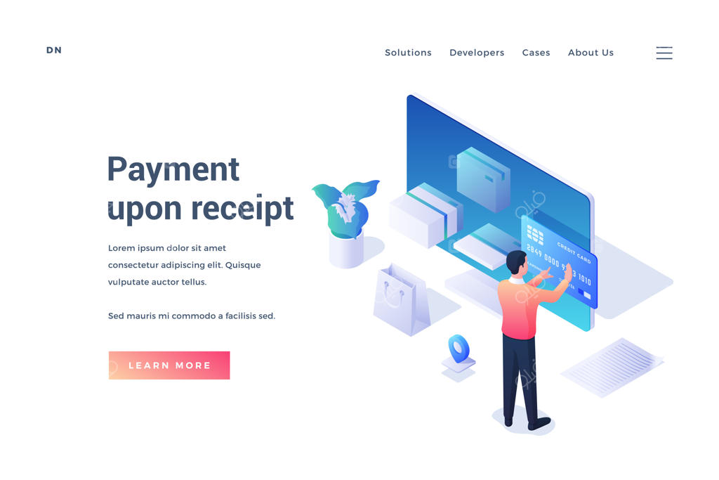 تصویر ایزومتریک بنر وب‌سایت با ارائه خدمات راحت خرید آنلاین و پرداخت هنگام تحویل برای مشتریان مرد