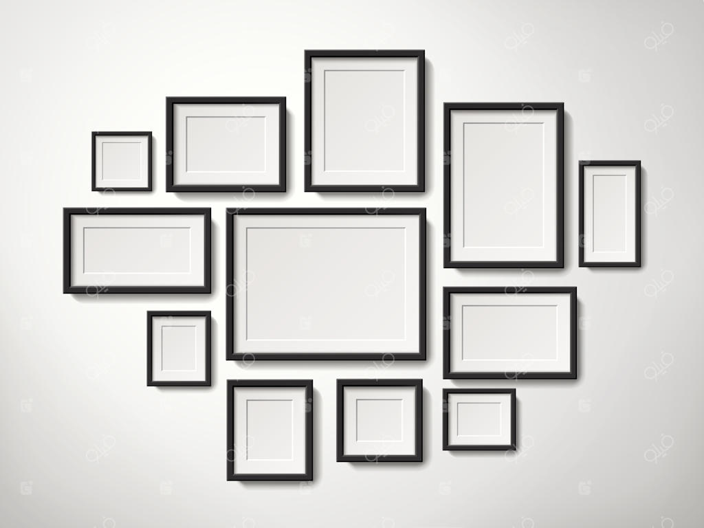 مجموعه قاب عکس‌های ساده و واقع‌گرایانه روی دیوار، تصویرسازی سه‌بعدی