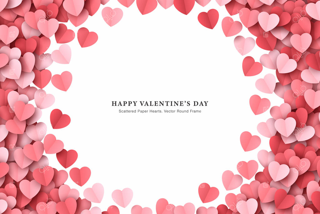 تصویرسازی هنری روز ولنتاین: قاب دایره‌ای با اشکال قلب‌های کاغذی برید شده و پراکنده روی زمینه سفید، داستان عاشقانه‌ای در پس‌زمینه روز ولنتاین
