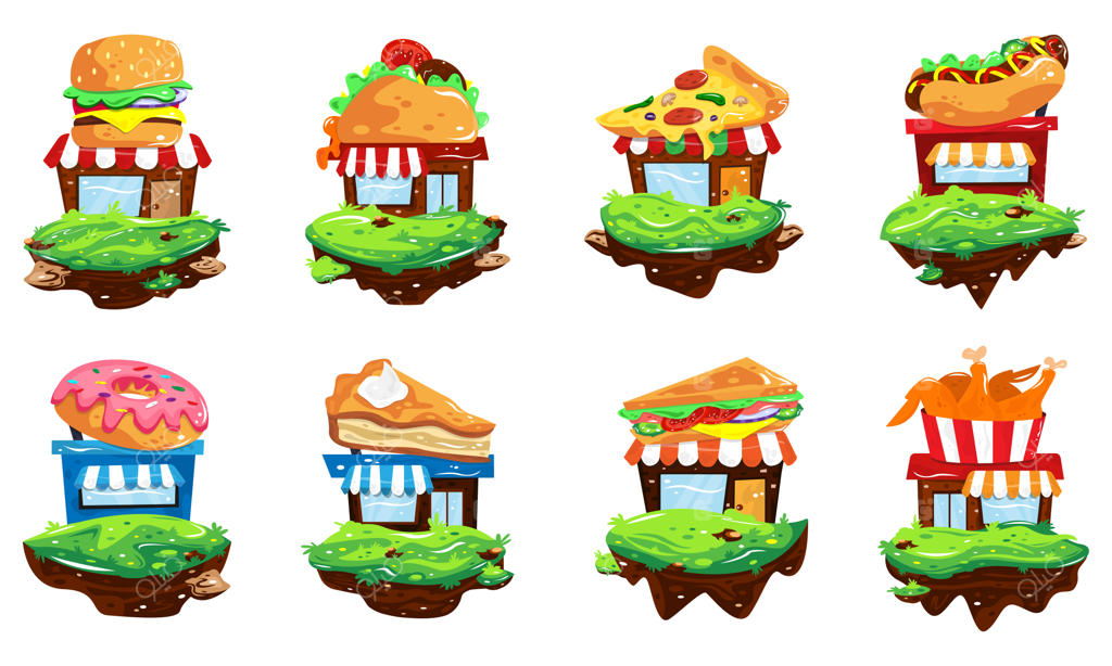 مجموعه‌ای از تصاویر کارتونی فست فود فروشی‌ها