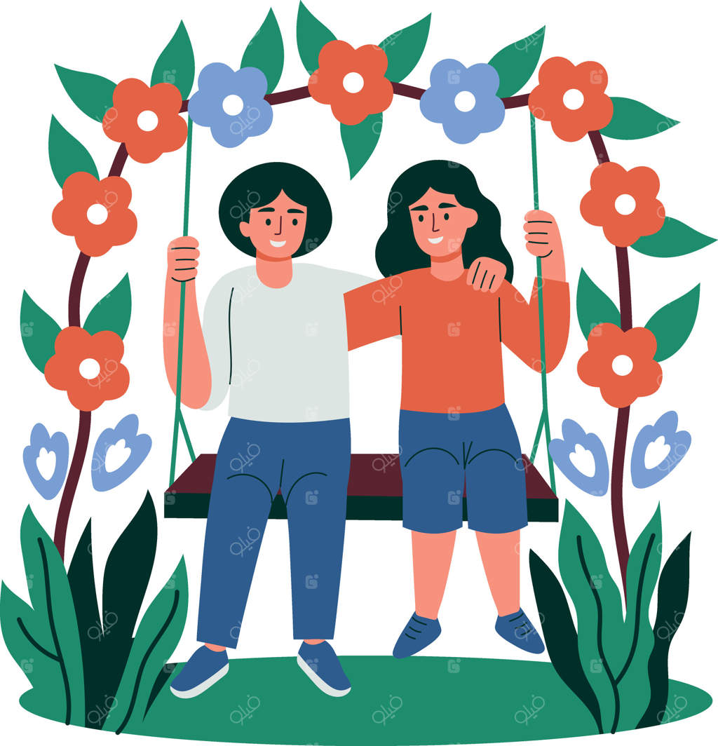 زوجی در حال تاب بازی در باغ گل‌ها، تصویر سازی ساده