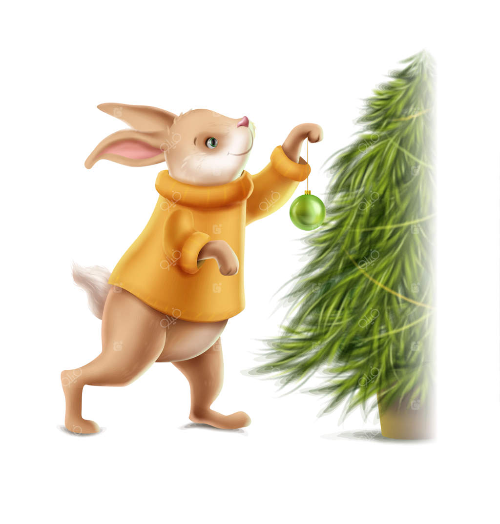 تصویر وکتور. تصویر کارتونی شعلی که یک خرگوش بامزه با لباس‌های زمستانی و پلیور پوشیده. در حال تزیین کردن کریسمس