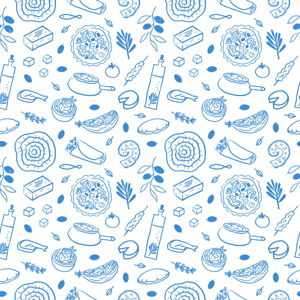 پترن بی‌نظیر از آشپزی یونانی: پس‌زمینه تکرارشونده با شاخه زیتون، غذاهای دریایی، اسپاناکوپیتا، انواع گوشت، حمص، پنیر فتا، روغن زیتون، پای پنیر، حلزون و گیاهان معطر برای بسته‌بندی طراحی شده است.