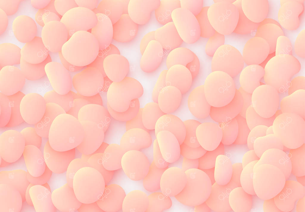 زمینه نرم صورتی روشن: عناصر طراحی شامل اشکال پلاستیکی گرد و نرم، سنگ‌های صاف دریا، حباب‌های پاشش مایع. اشیاء سیال سه‌بعدی. پترن مدرن و انتزاعی از مواد ارگانیک.