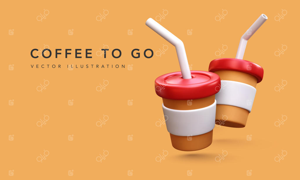 بنر قهوه با دو لیوان کاغذی سه‌بعدی و برچسب‌های خالی روی پس‌زمینه بژ - تصویرسازی برداری