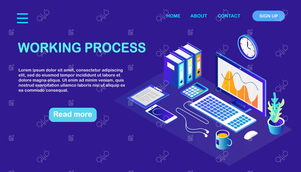 فرآیند کاری: دفتر کار ایزومتریک سه‌بعدی با کامپیوتر، تلفن، قهوه، دفترچه و اسناد