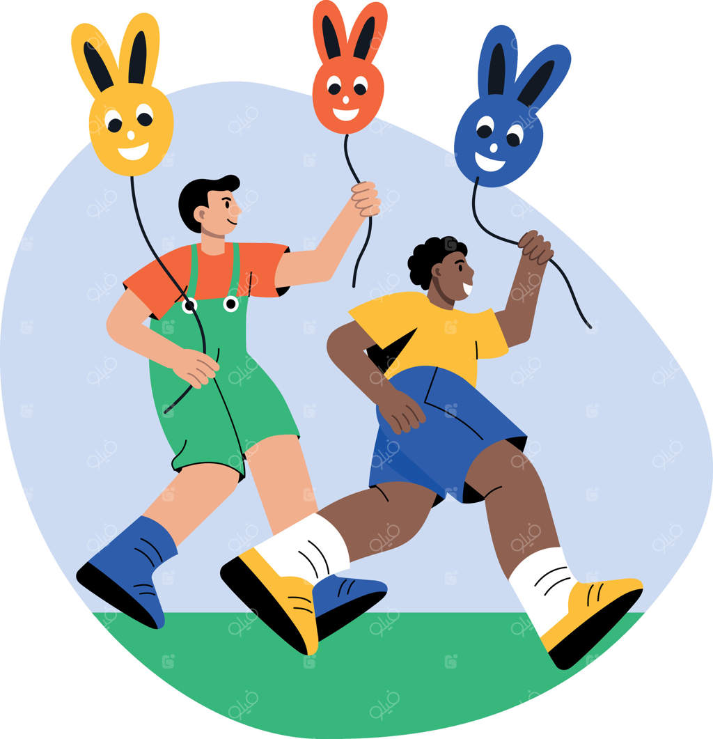 تصویرسازی به سبک تخت از کودکی که در باغ بازی می‌کند