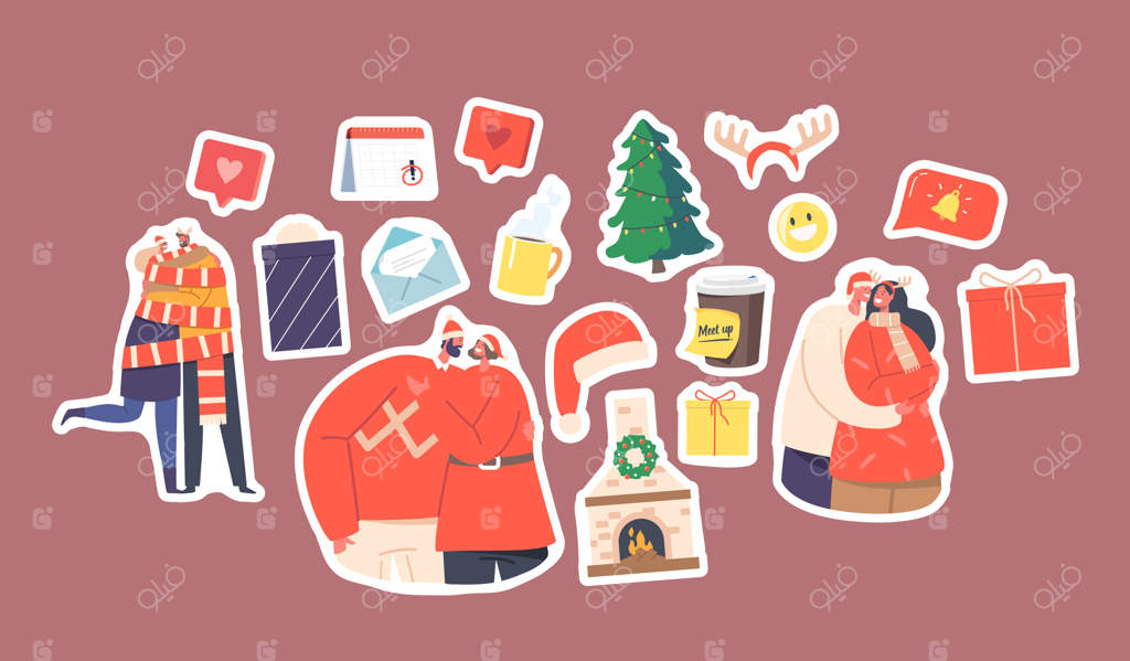 بسته برچسب زوج عاشق: کاراکترهای مرد و زن در حال در آغوش گرفتن و بغل کردن