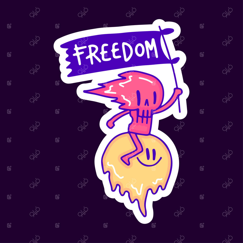 جمجمه شعله‌ور پرچمدار و صورت ایموجی ذوب‌شده، طرح کارتونی برای تی‌شرت و برچسب.