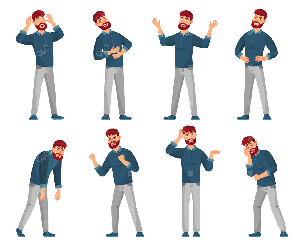 شخصیت کارتونی مرد: مجموعه‌ای از تصاویر مردانی در حال تفکر، مردان شاد لبخندزن و مردان غمگین با لباس‌های معمولی