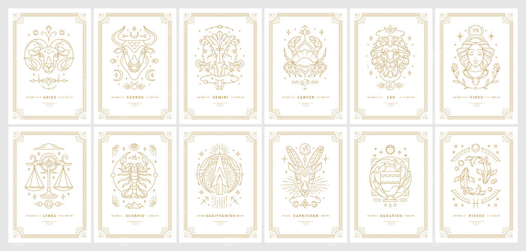 مجموعه طراحی خطی کارت‌های فال طالع‌بینی زودیاک