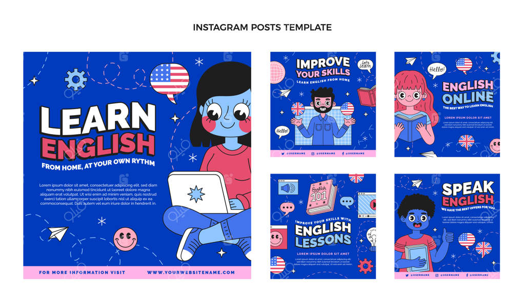 پترن طراحی مسطح درس‌های انگلیسی با دست کشیده شده