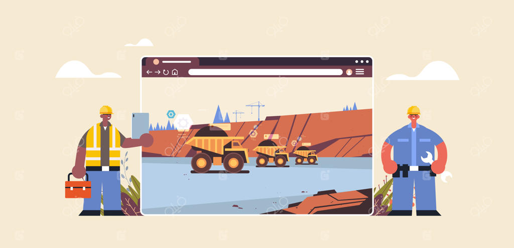 مهندسان در حال کنترل تجهیزات حرفه‌ای تولید معدن زغال‌سنگ در پنجره مرورگر وب - صنعت دیجیتال افقی