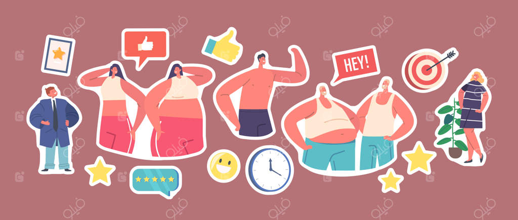 مجموعه‌ای از برچسب‌ها با شخصیت‌های مرد و زن با ادراک نادرست و تحریف‌شده، برچسب‌های زن و مرد لاغر و چاق