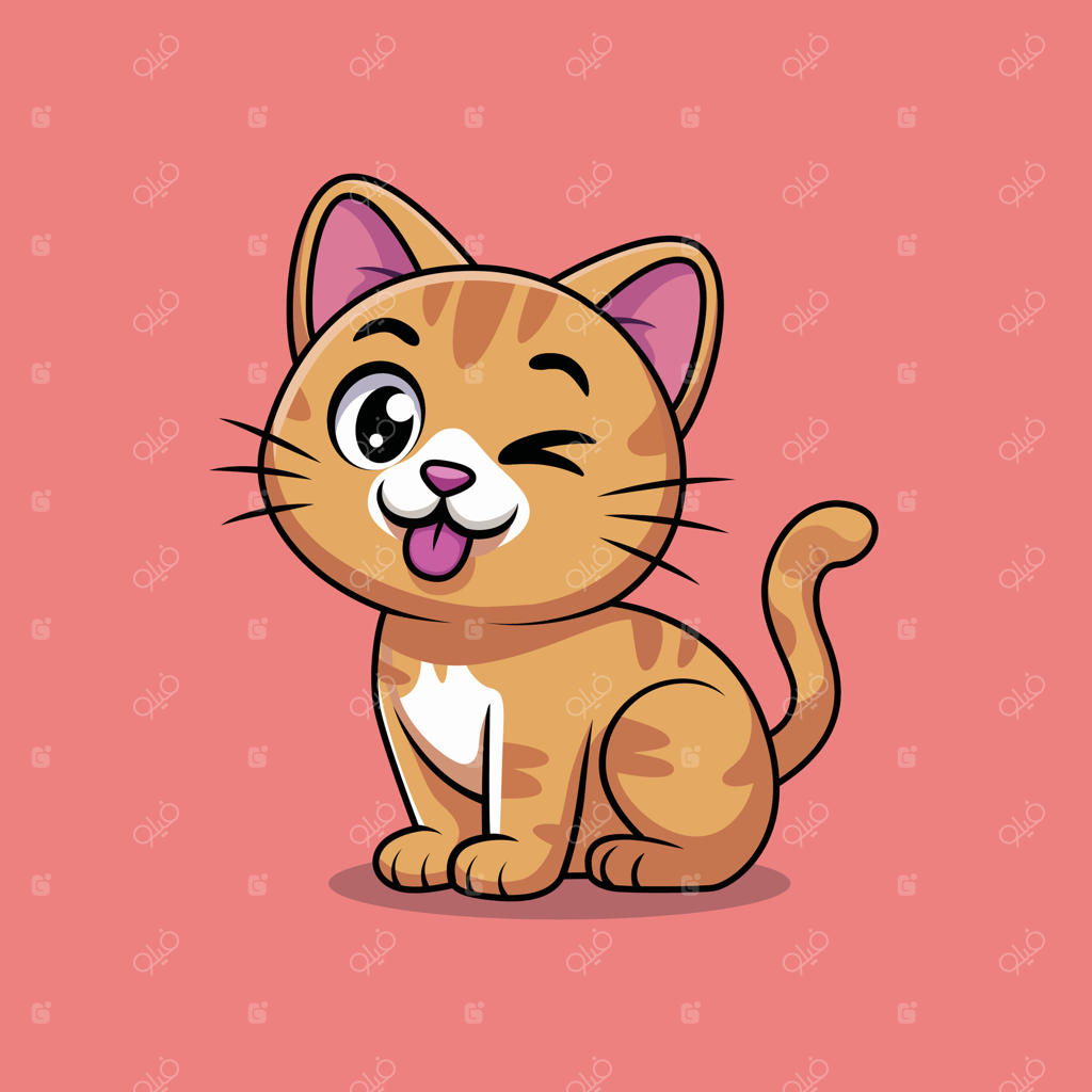گربه کارتونی راه‌راه و بانمک در حال چشمک زدن و زبان‌درازی؛ مناسب برای تصویرسازی کودکان، محصولات حیوانات خانگی و طرح‌های طنز و بازیگوش