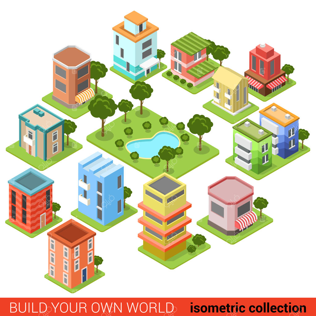 بلوک ایزومتریک ساختمان مسطح D با محوطه کسب‌وکار و پارک کوچک