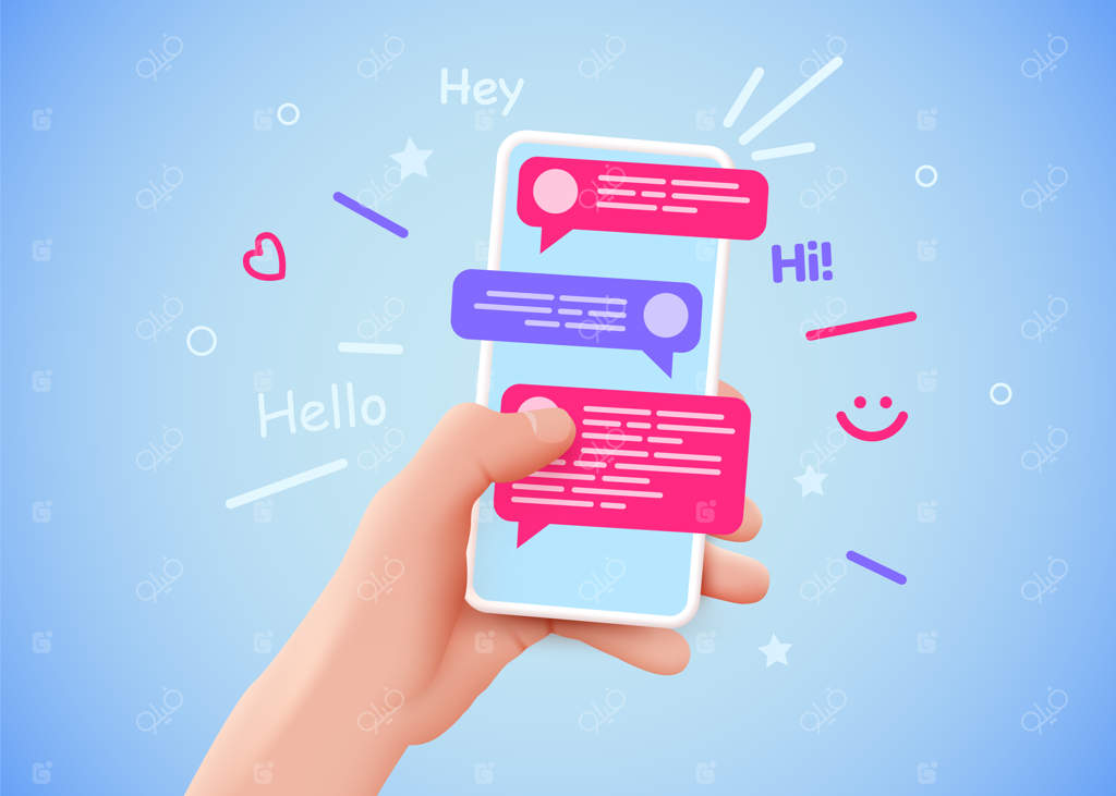 تصویر برداری مفهومی از دست نگهدارنده‌ی تلفن همراه با پیام‌ها و شبکه‌های اجتماعی