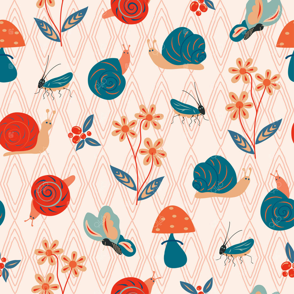 پترن طبیعی و مد روز بی‌نقص؛ جنگل، حلزون‌ها، خطوط انتزاعی، حشرات با زمینه سفید. وکتور