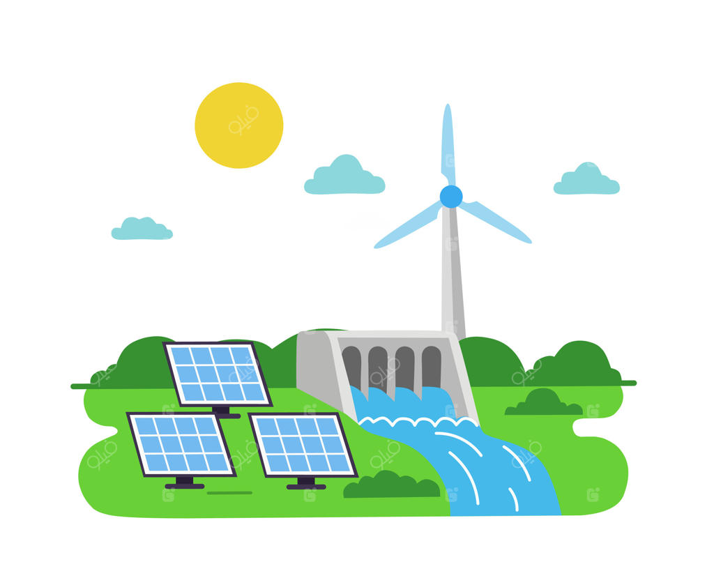 تصویری از کارکرد مشترک پنل‌های خورشیدی، توربین بادی و سد هیدروالکتریک در یک چشم‌انداز سبز، نمادی از انرژی پاک و پایدار