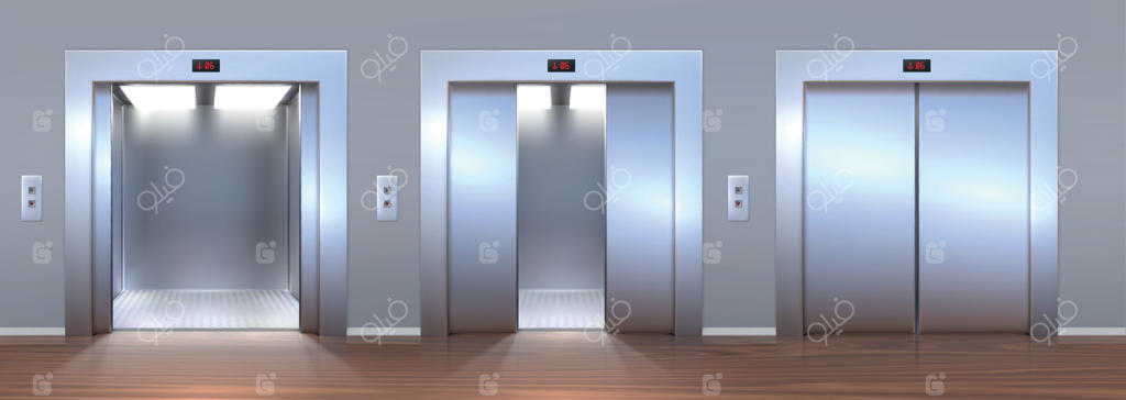 فضای داخلی لابی واقعی با درهای باز و بسته آسانسورها. راهروی خالی اداری با آسانسورهای فلزی. مجموعه‌ای از آسانسورهای مسافری یا باری به صورت وکتور