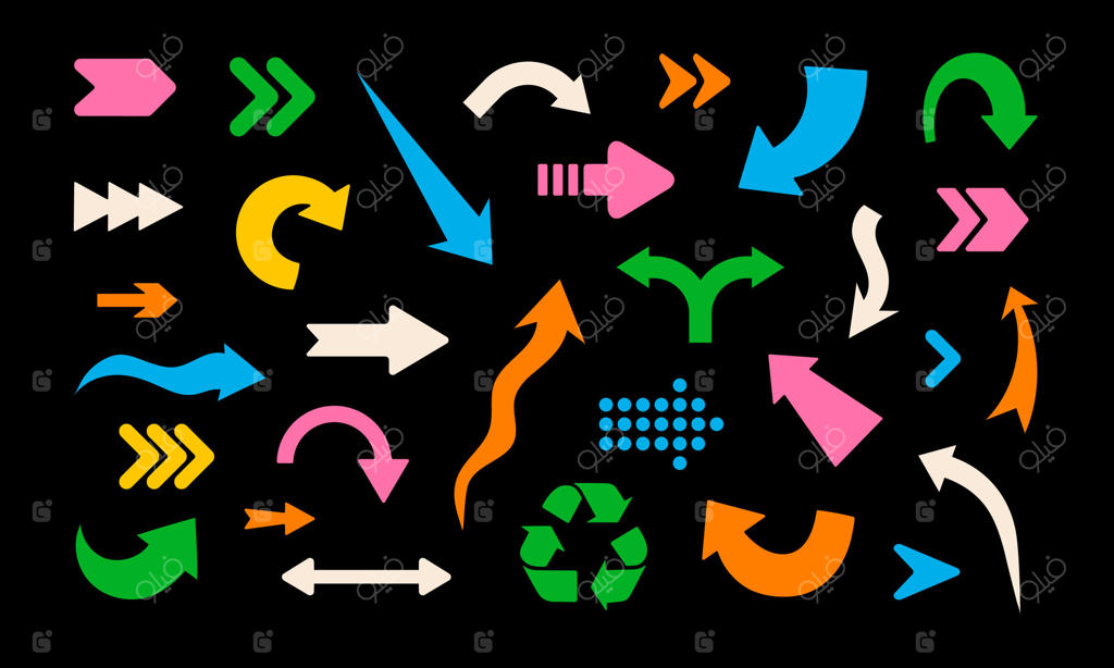 مجموعه‌ای از فلش‌های رنگارنگ بر روی زمینه تاریک. آیکون‌های انتزاعی به سبک مدرن و طرح‌های اسکچ. نشانه‌های مد روز و نوستالژیک دهه 2000.