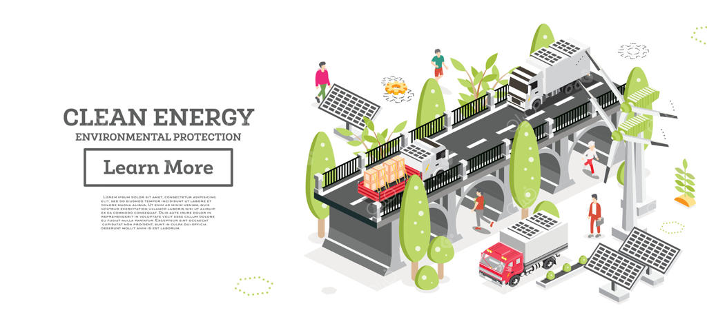 انرژی پاک و حفاظت از محیط زیست: پلی با کامیون‌ها و صفحات خورشیدی بر روی سقف خودروها. وسایل نقلیه برقی و توربین‌های بادی در کنار مردم. انرژی‌های تجدیدپذیر.