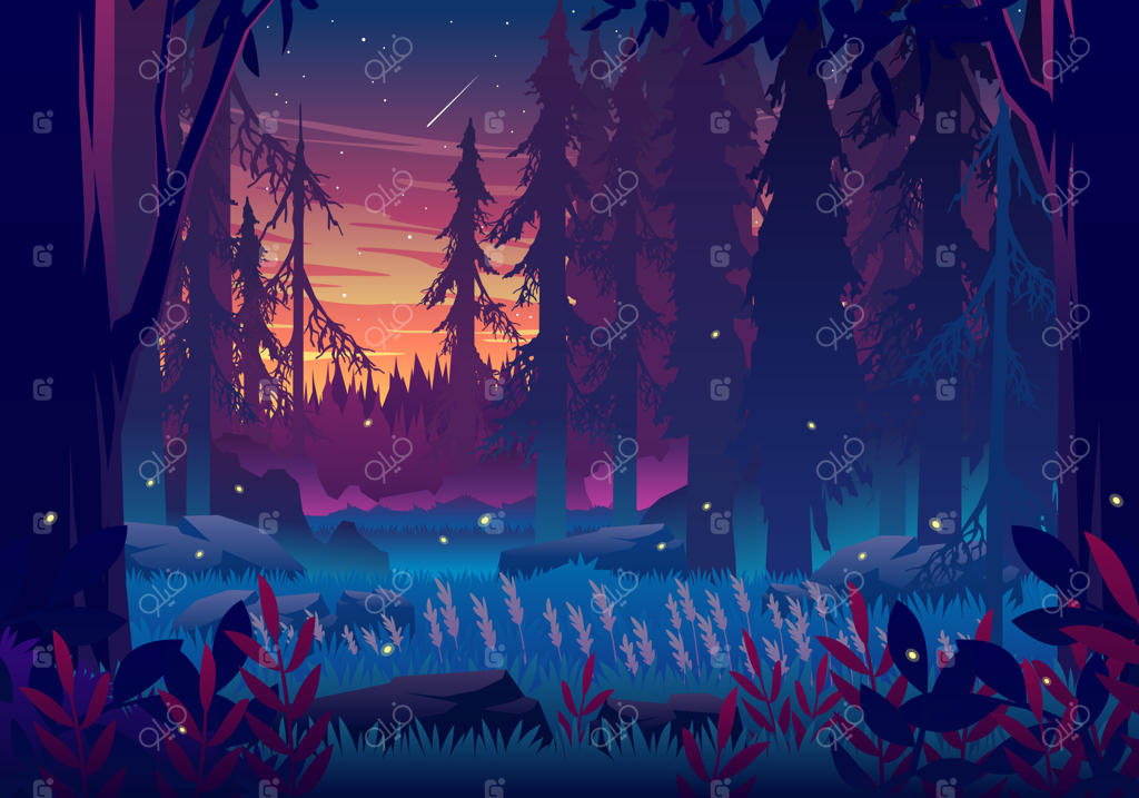 تصویرسازی چشم‌انداز جنگل هنگام غروب خورشید