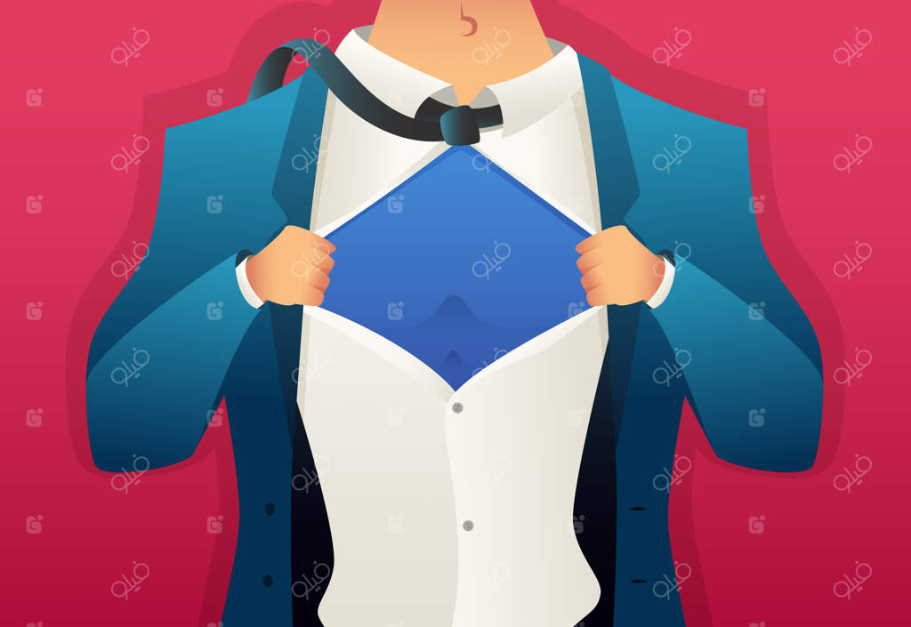 تاجر پیراهنش را پاره می‌کند. جایی برای متن روی سینه. به سبک کارتون.