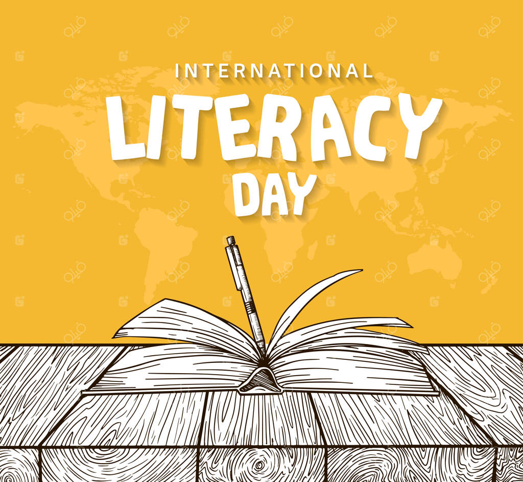 روز جهانی سوادآموزی با کتاب باز و قلم روی زمینه زرد