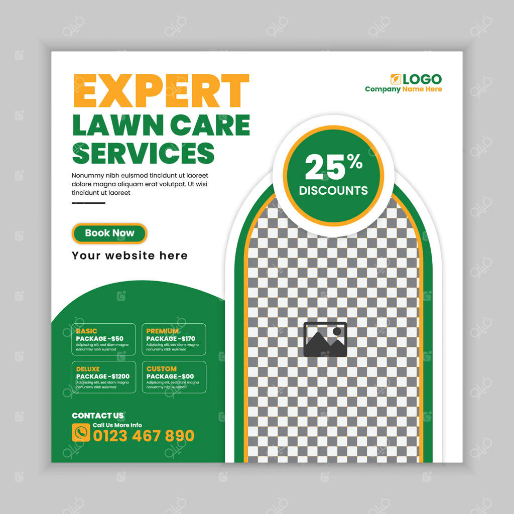 قالب تراکت و طراحی بنر وب برای خدمات چمن‌زنی و باغبانی