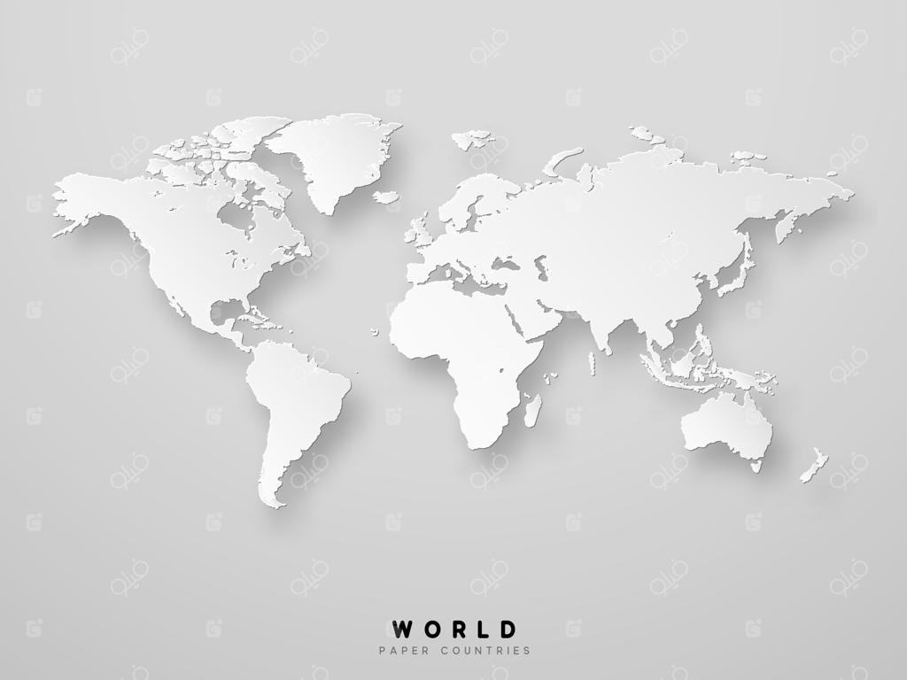 طراحی دقیق نقشه جهان به صورت وکتور در رنگ سفید. تصویری سه‌بعدی از کاغذ.