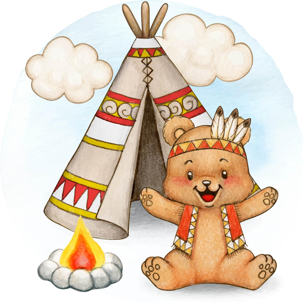 خرس سرخپوست بوهو با آبرنگ در کنار چادر سرخپوستی و آتش کمپ