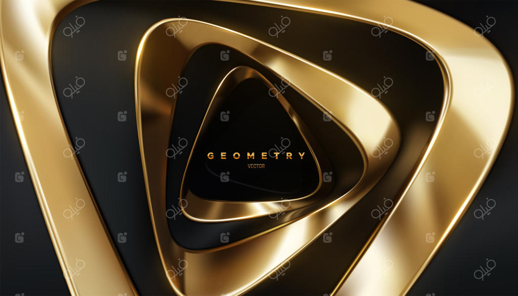 پس‌زمینه سه‌بعدی انتزاعی با اشکال مثلثی پیچ‌خورده مشکی و طلایی