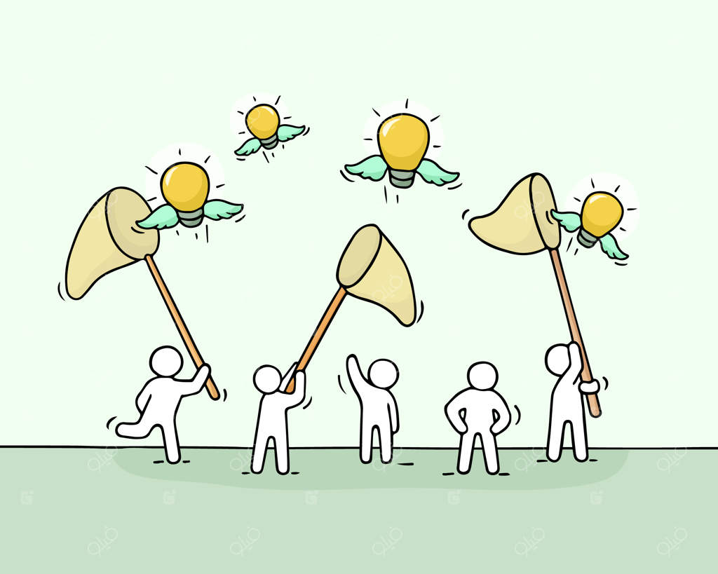 طرح افرادی کوچک که با ایده‌هایی از چراغ‌های پرنده کار می‌کنند. طرح دستی از صحنه‌ی بامزه‌ای که کارکنان کوچک سعی در گرفتن لامپ دارند.