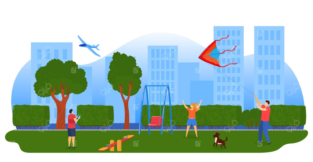 بچه‌ها در حال بازی با بادبادک‌ها، تصویر هواپیما. کودکان در پارک شهر بادبادک بازی می‌کنند.