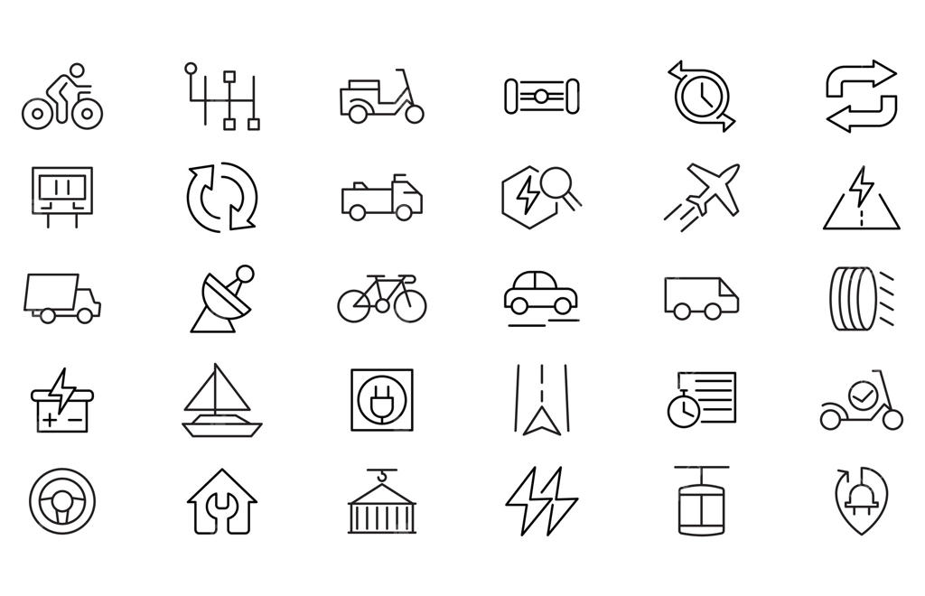 مجموعه آیکون‌های خطی خودروهای برقی: ایستگاه سوکت برقی، خودروی متصل به شارژر، باتری، تکنولوژی، شارژر خانگی خودرو، ایستگاه برق، جاده، مسابقه، بسته آیکون خودروی برقی