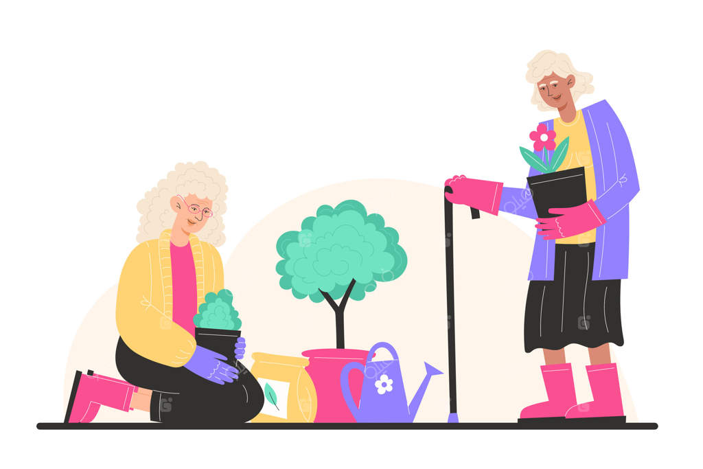 دو مادربزرگ گل‌ها را در گلدان‌های باغ می‌کارند