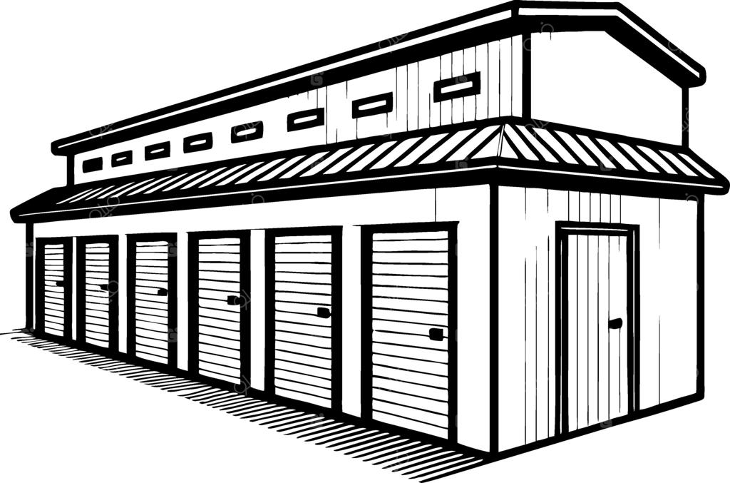 طرح خطی انبار با درب‌های گاراژی متعدد، مناسب برای نقشه‌های ساختمانی و تصویرسازی